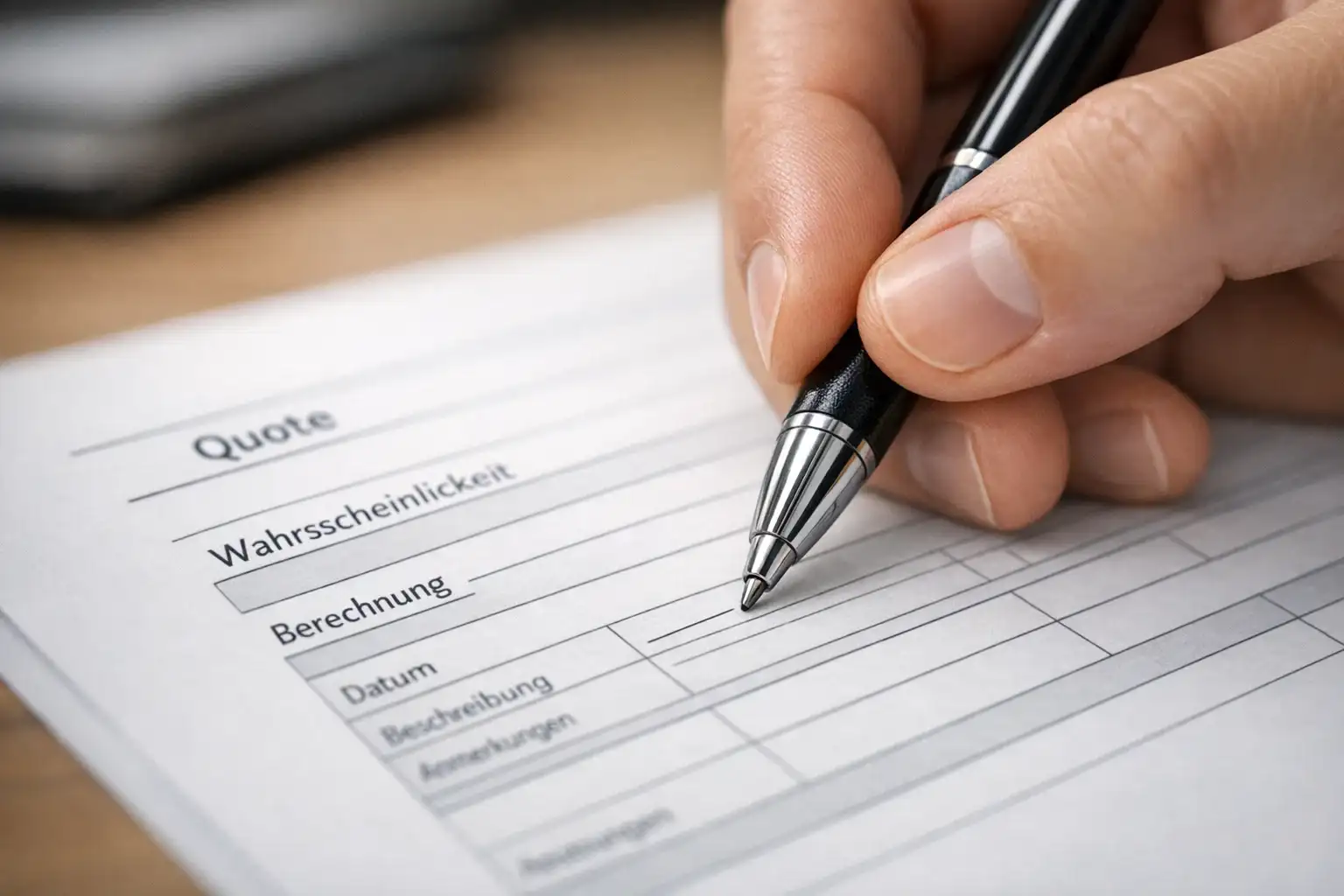 Nahaufnahme einer Hand die mit einem Stift Zahlen in ein Dokument einträgt