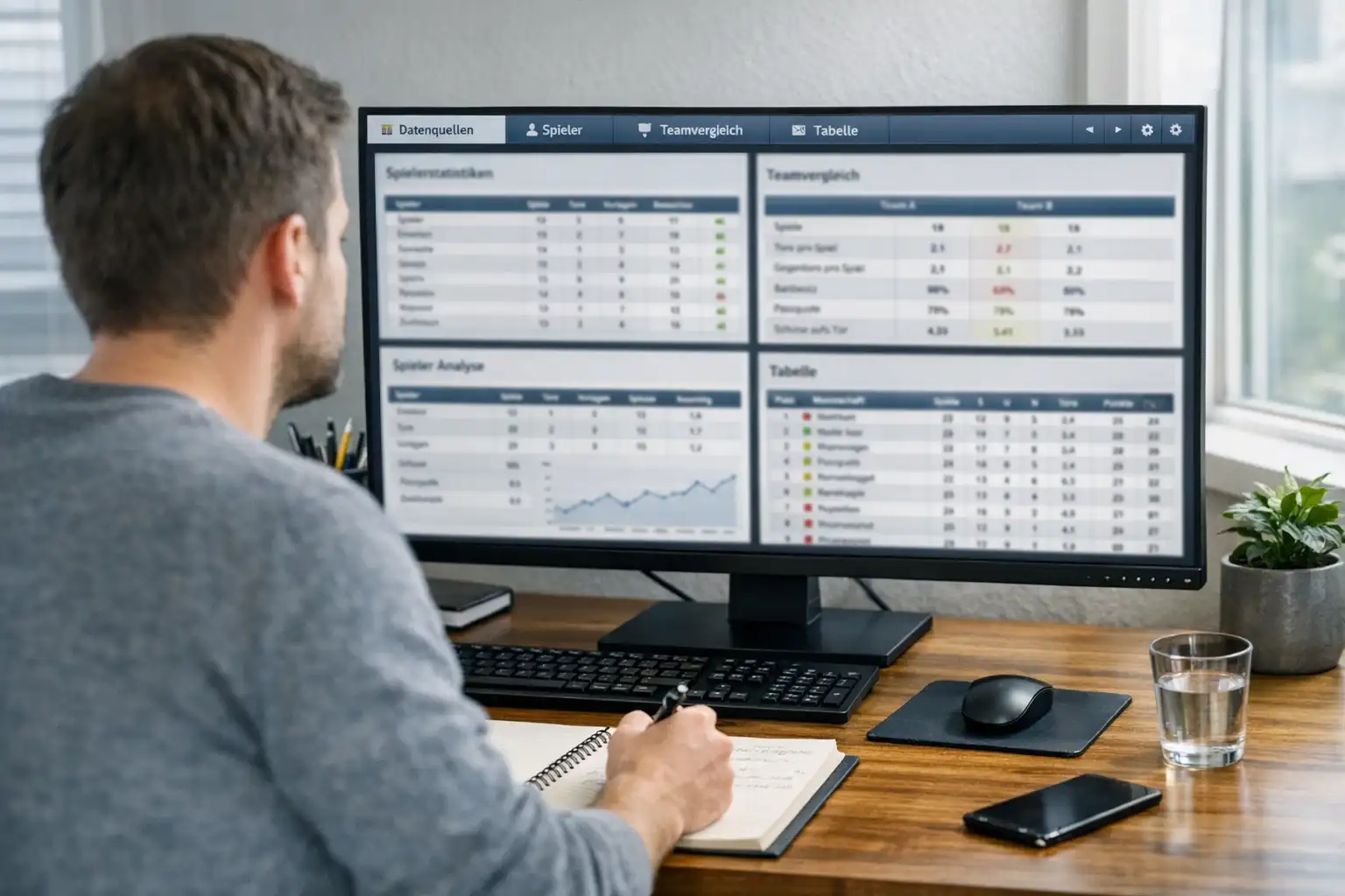 Person analysiert Fußballstatistiken auf mehreren Bildschirmen