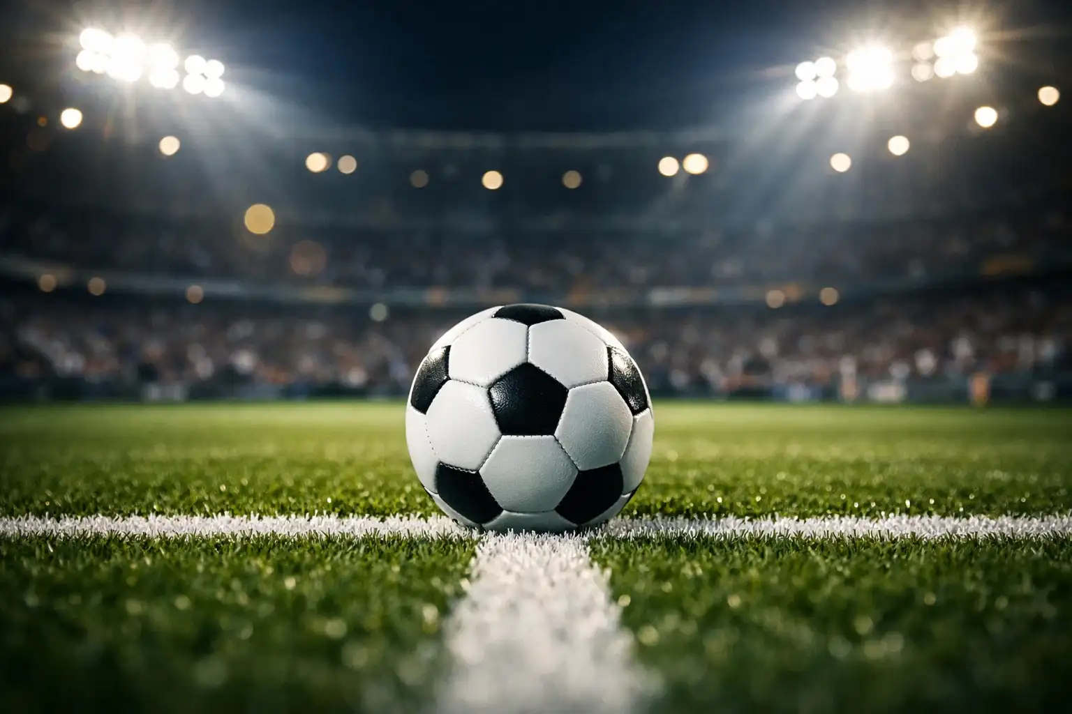 Fussball auf der Mittellinie eines Spielfeldes im Scheinwerferlicht