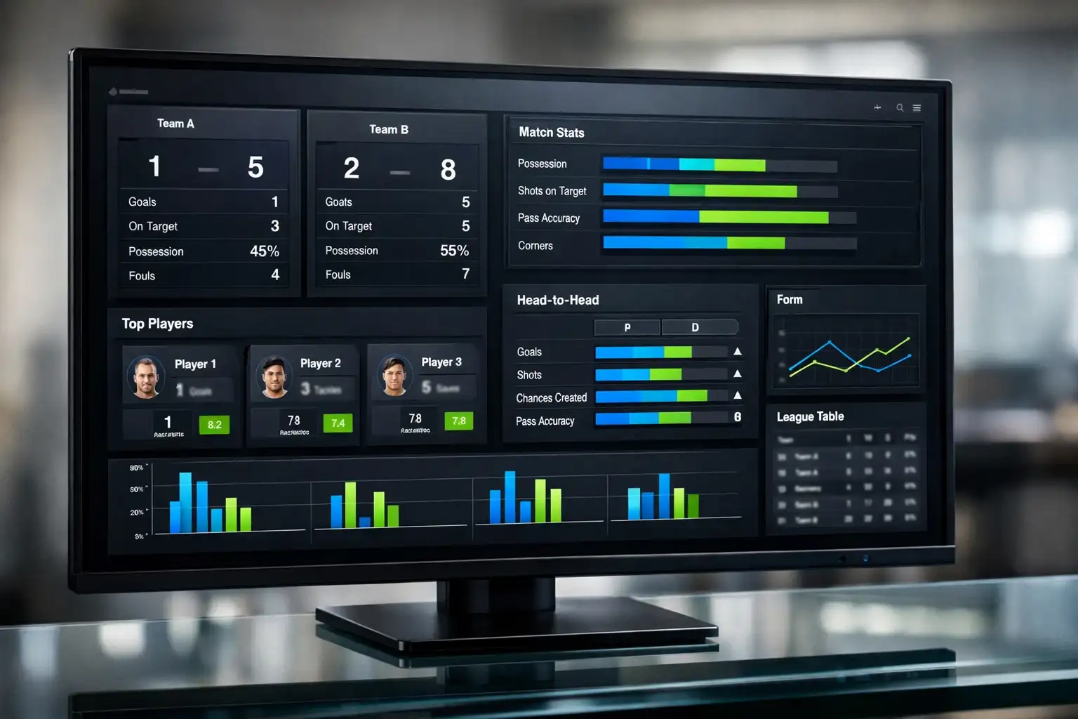 Modernes Dashboard mit Fußballstatistiken und Spielerleistungsdaten