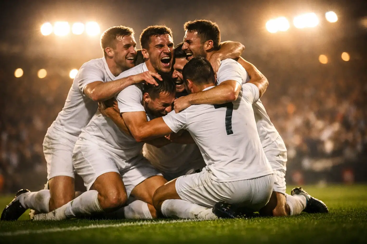 Fussballmannschaft feiert begeistert nach Torerfolg im Flutlicht