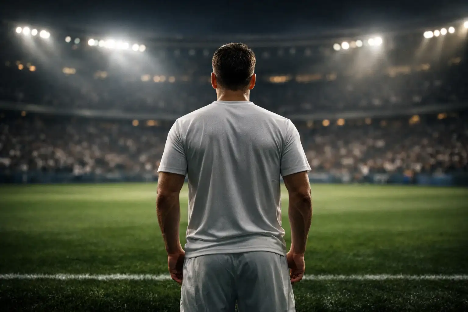 Nahaufnahme eines Fussballspielers der vor dem Anpfiff konzentriert auf das Spielfeld blickt