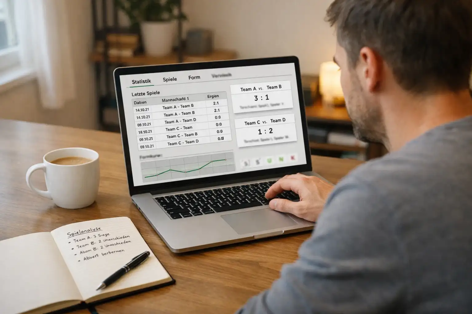 Person recherchiert Fußballstatistiken am Laptop
