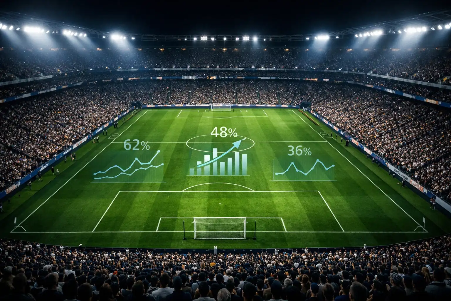 Fußballstadion bei Flutlicht mit Datenvisualisierung über dem Spielfeld