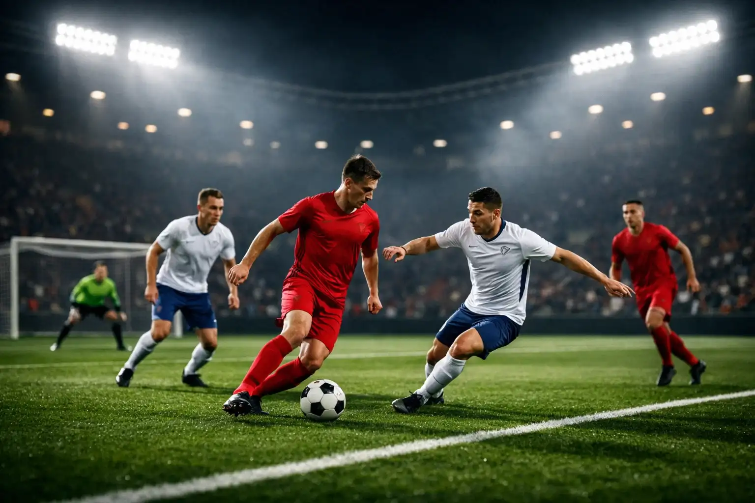 Fußballstadion bei Flutlicht mit Spielern auf dem Rasen