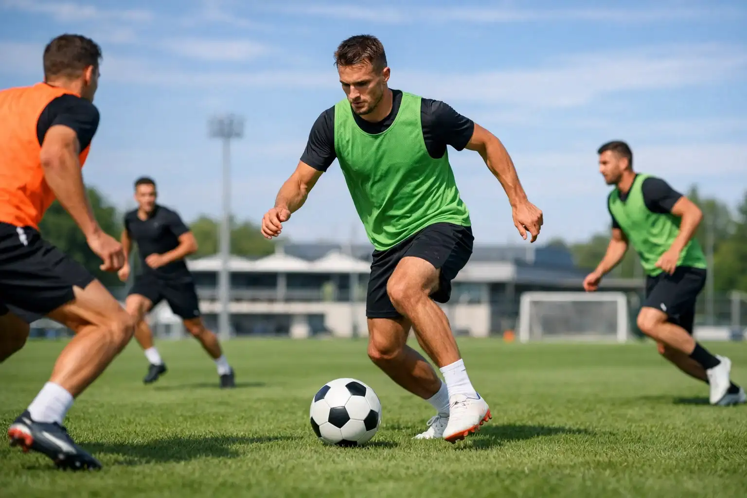 Fußballspieler beim Training auf dem Rasen bei Tageslicht