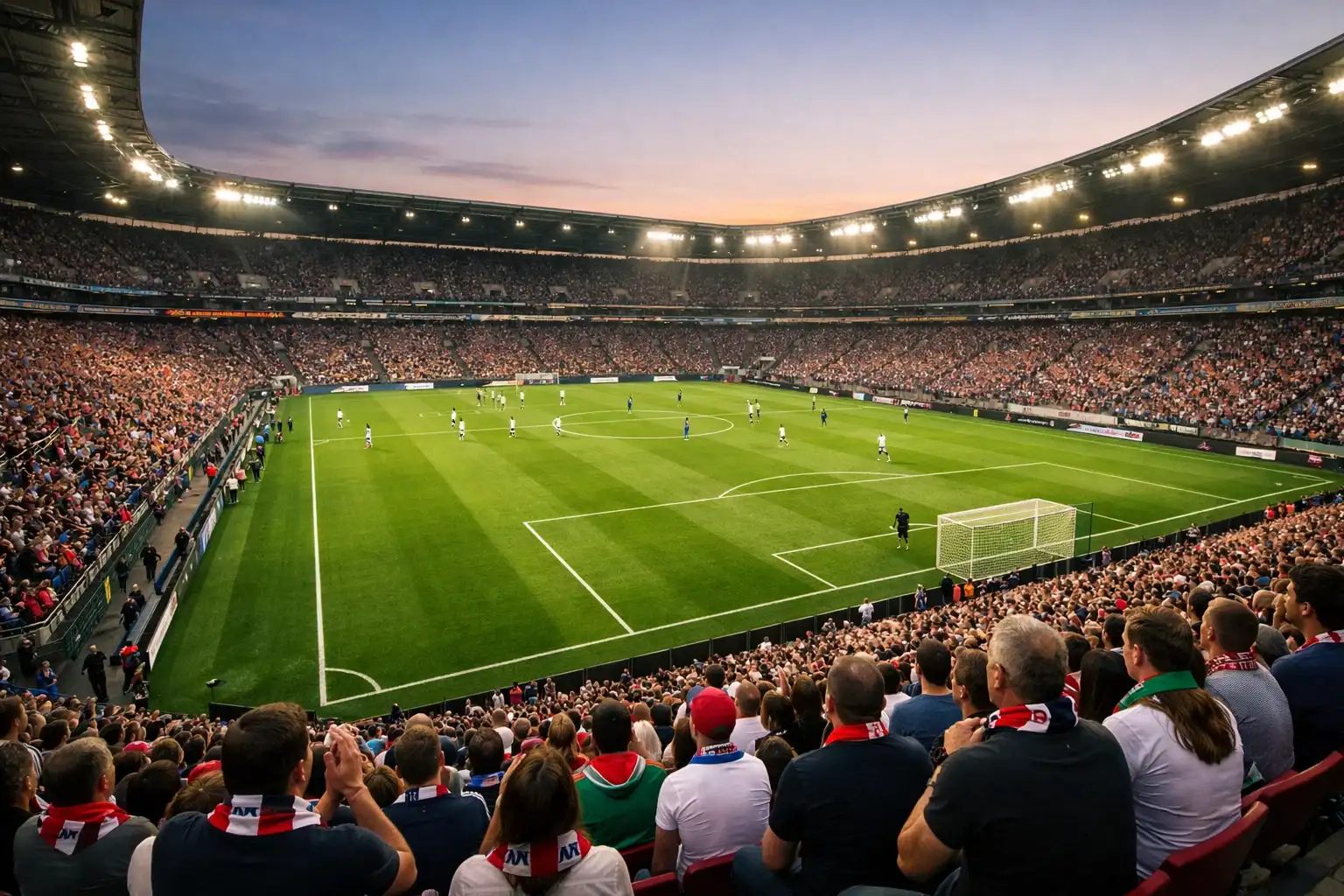 Bundesliga-Stadion am Spieltag mit Fans auf den Rängen