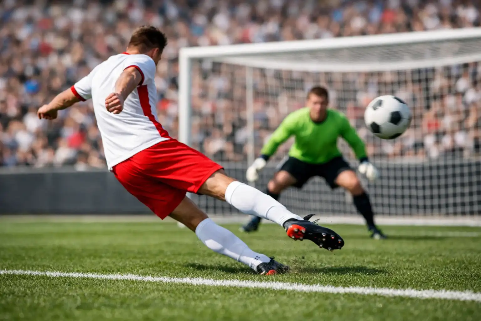 Fußballspieler schießt aufs Tor im Stadion