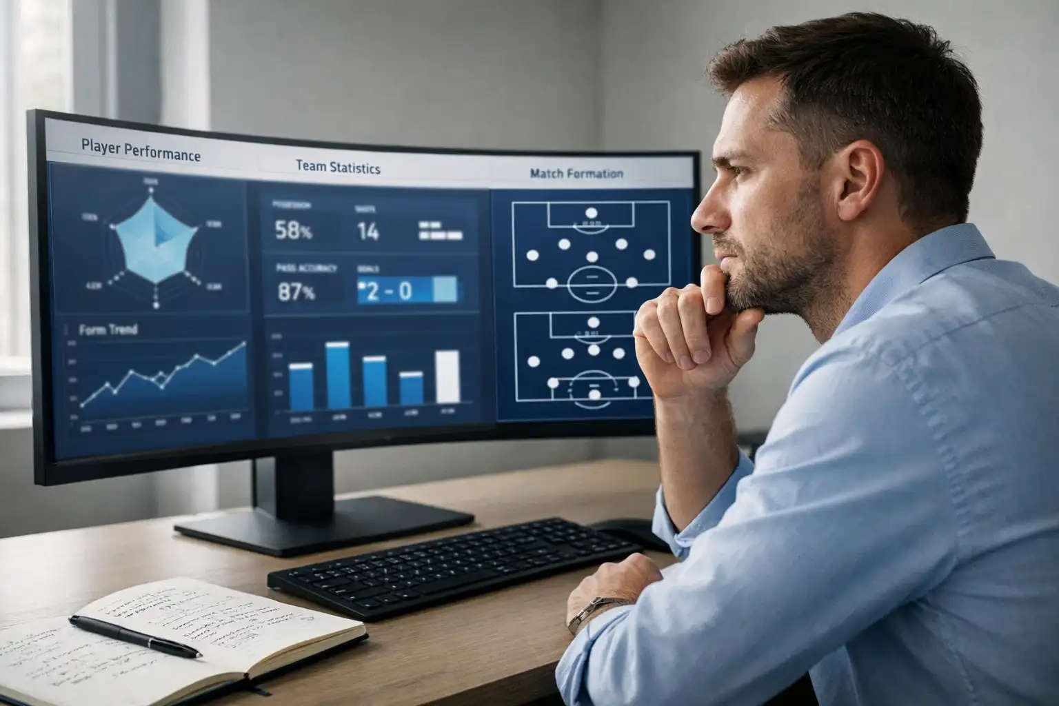 Analyst arbeitet an einem Computer mit Fußballstatistiken auf dem Bildschirm
