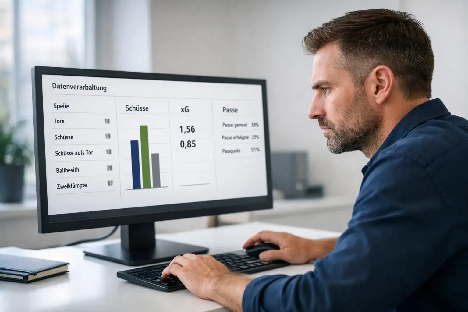 Analyst arbeitet mit Fußballdaten am Computer