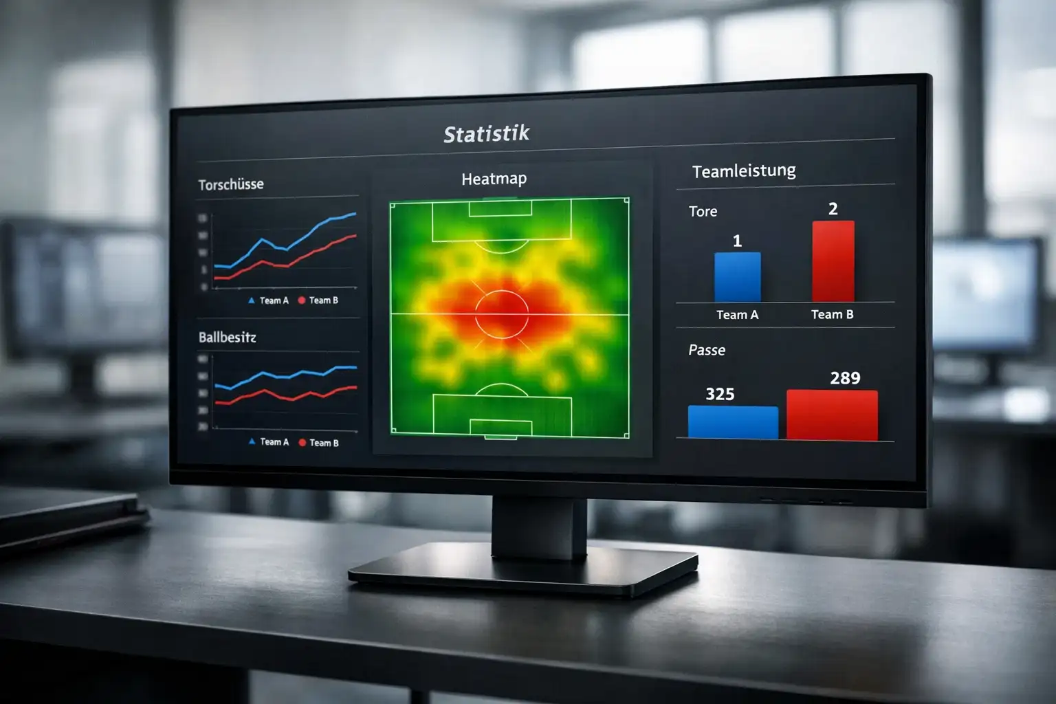 Bildschirm mit Fussball-Statistiken und Datenvisualisierung für KI-Analyse