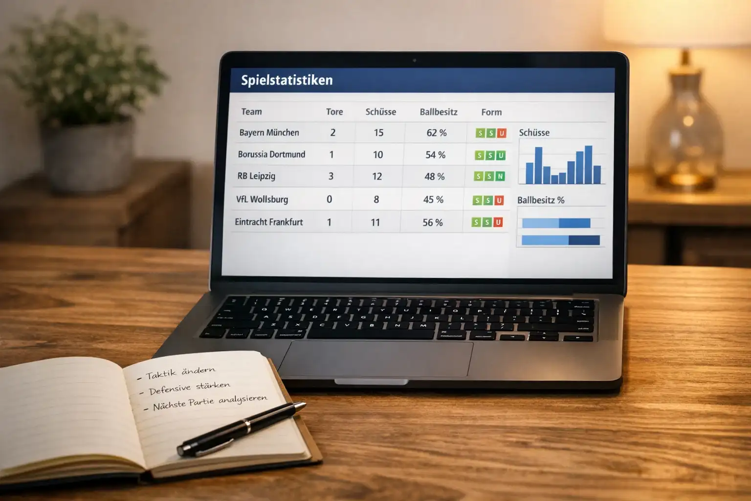 Laptop mit Fußballstatistiken auf dem Bildschirm neben Notizbuch