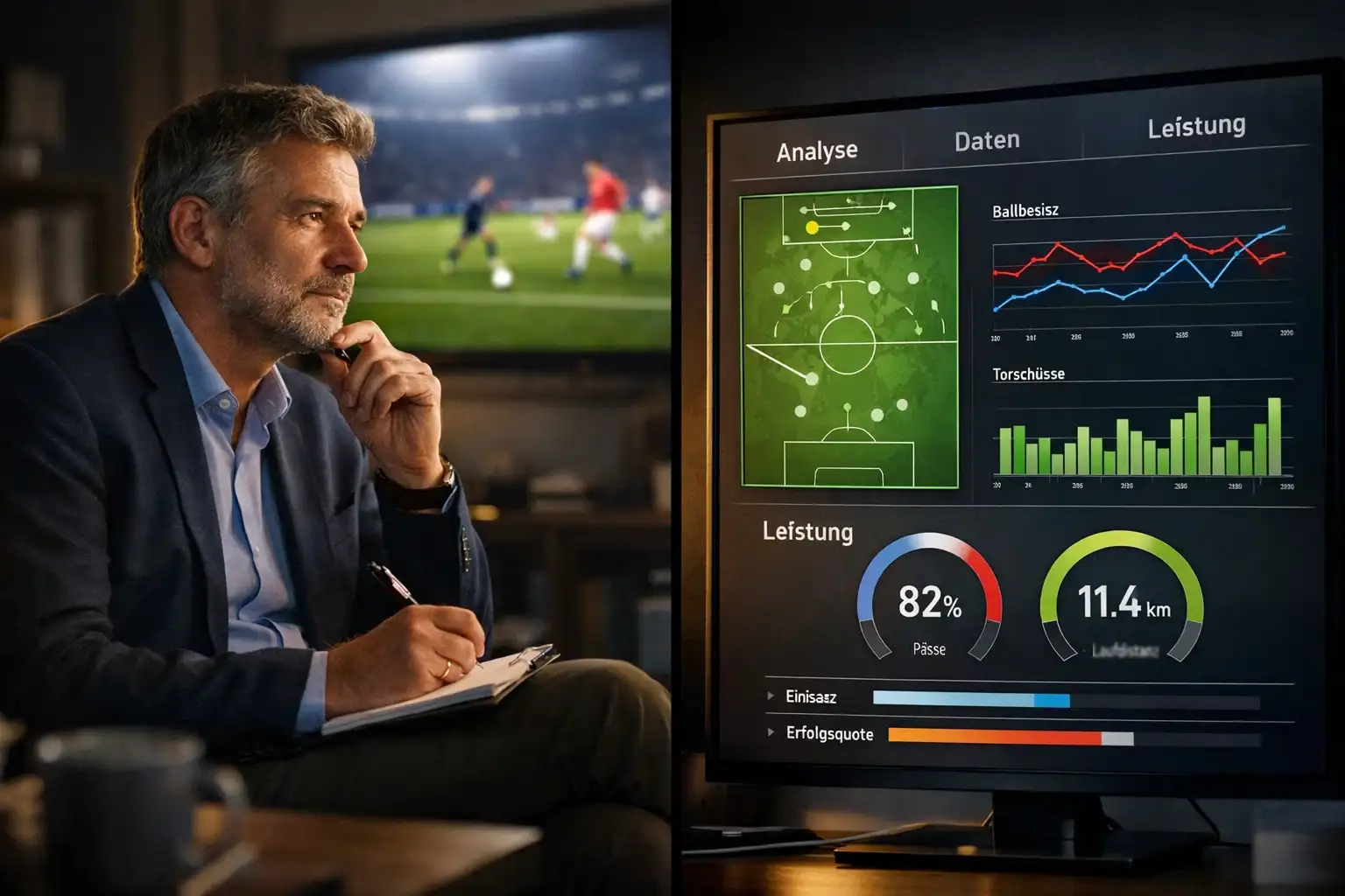 Symbolische Darstellung des Wettstreits zwischen künstlicher Intelligenz und menschlicher Expertise in der Fussballanalyse