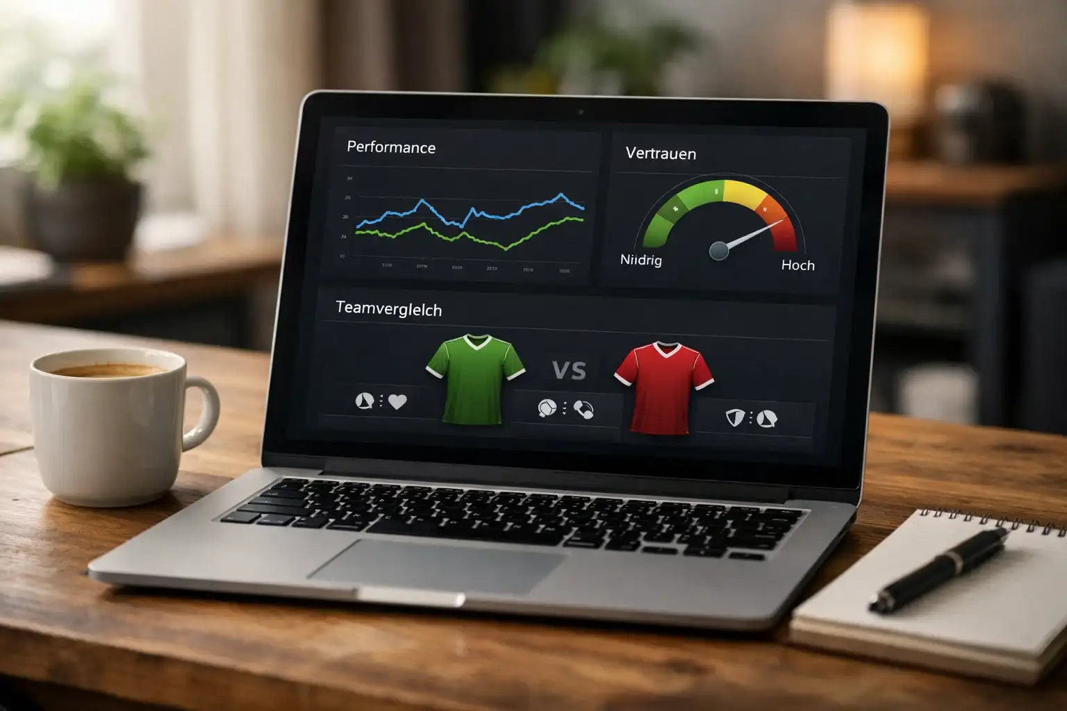 Dashboard einer KI-Analyseplattform mit Fussball-Statistiken und Prognosen