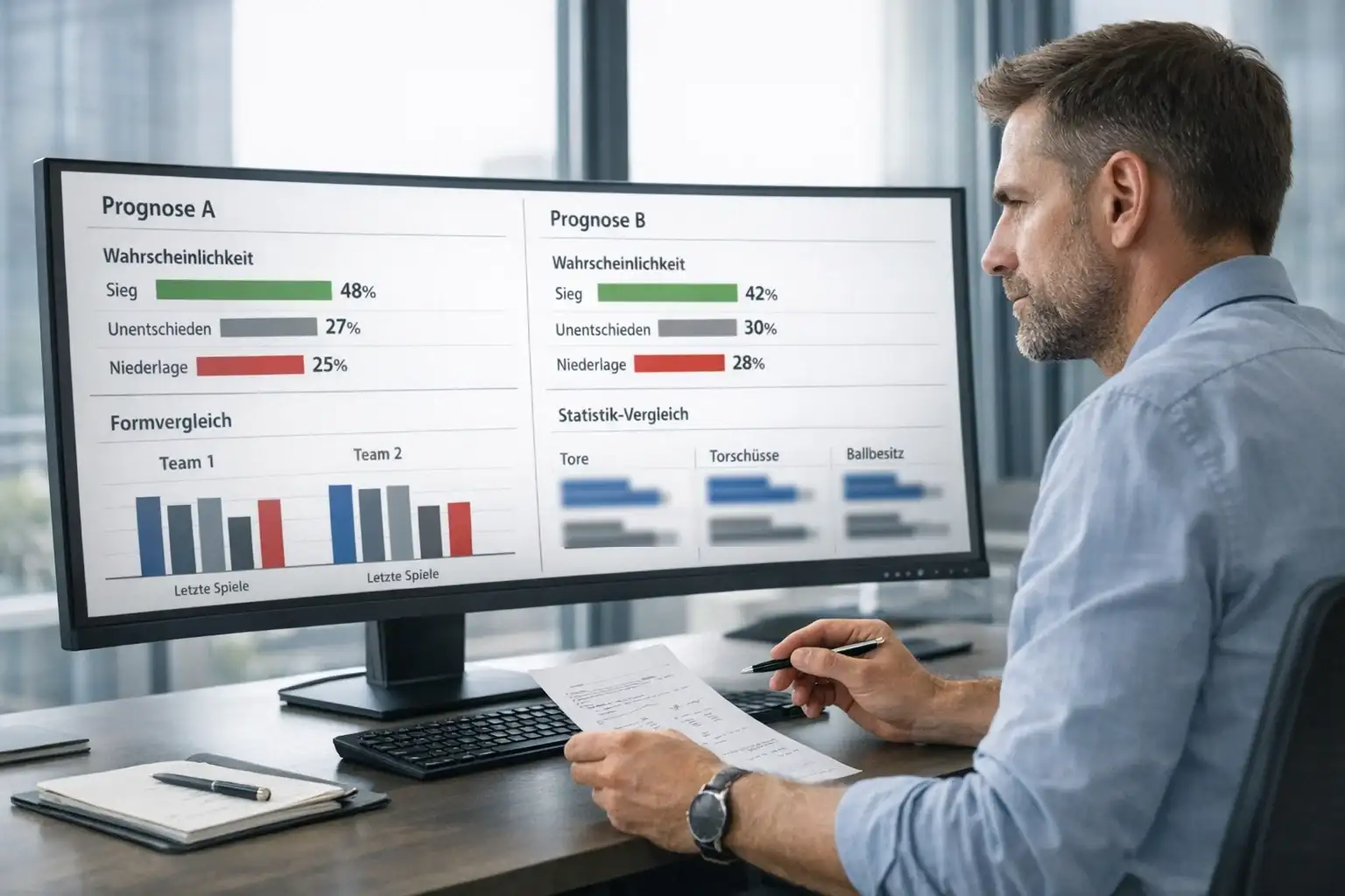 Analyst vergleicht verschiedene Fußballprognosen auf dem Bildschirm