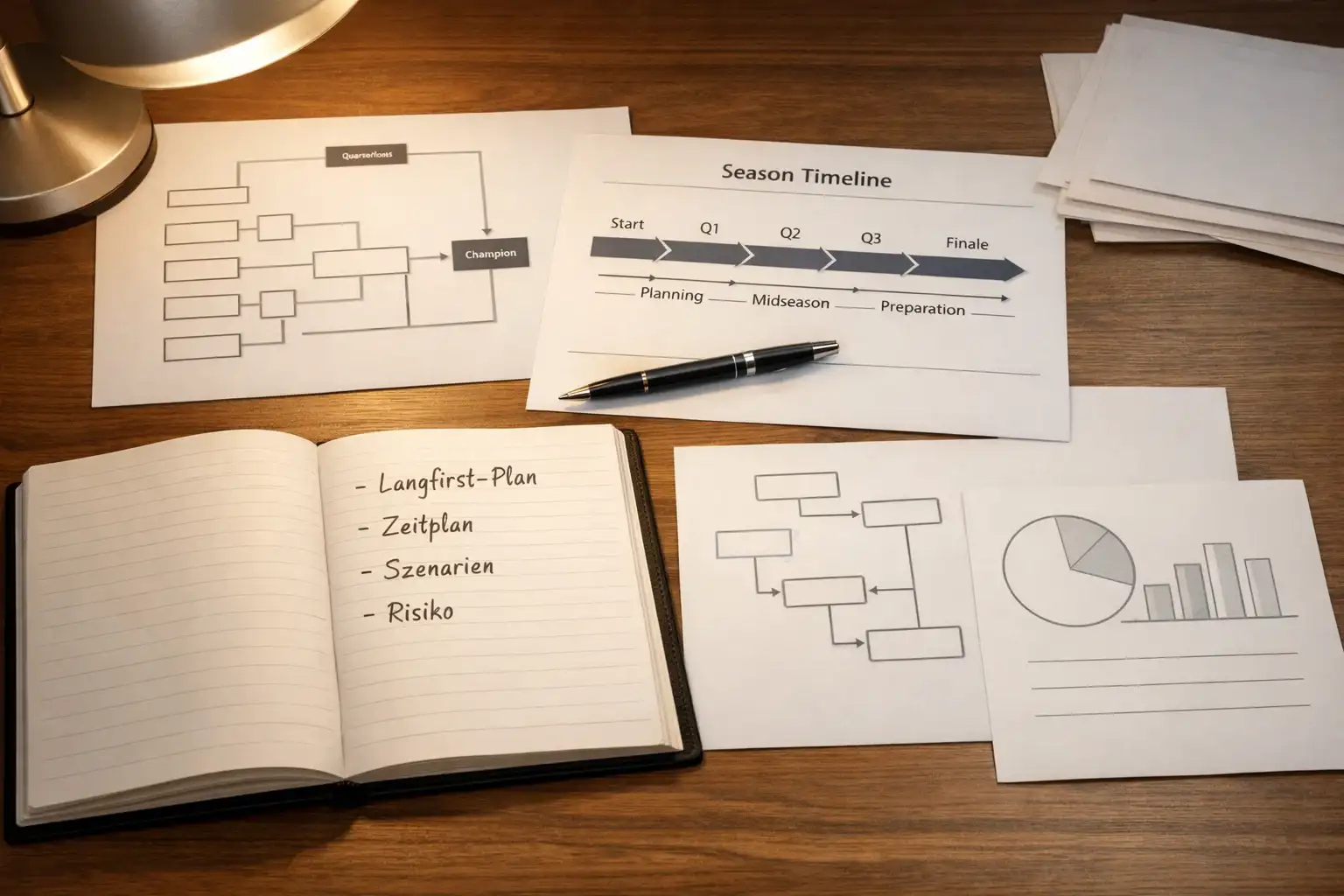 Strategische Planung mit Dokumenten und Notizen auf Schreibtisch
