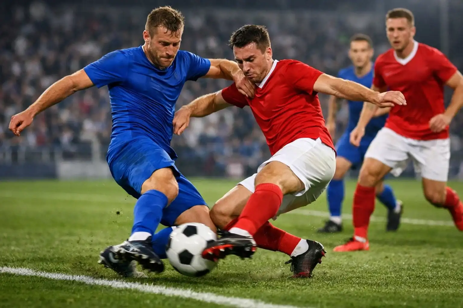 Fußballspiel in vollem Gange mit Spielern auf dem Rasen