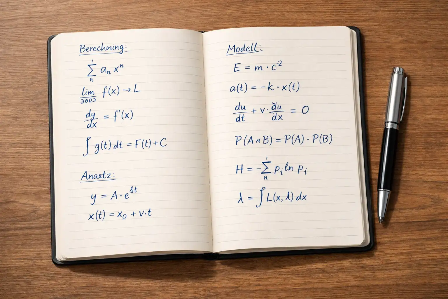Notizbuch mit handgeschriebenen Berechnungen und Stift auf einem Schreibtisch