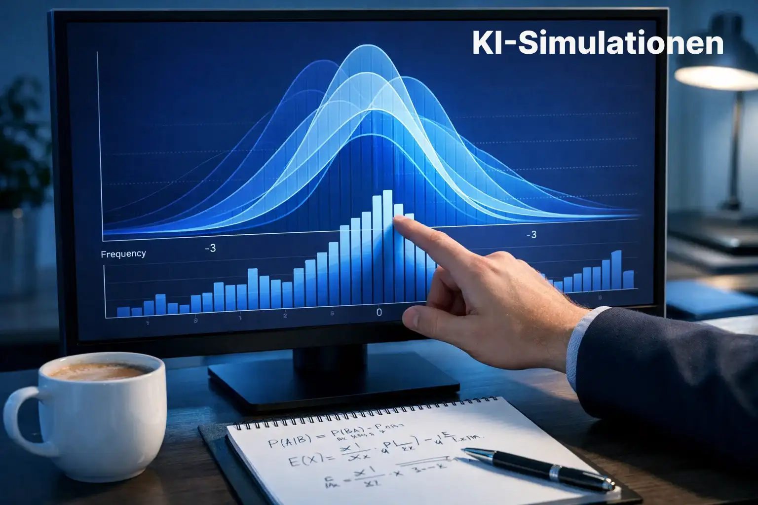 Abstrakte Darstellung einer Monte-Carlo-Simulation mit Wahrscheinlichkeitsverteilungen