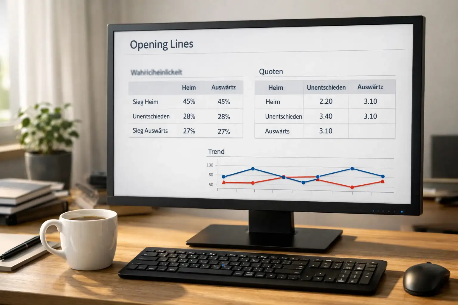 Bildschirm mit Wettquoten-Übersicht am frühen Morgen