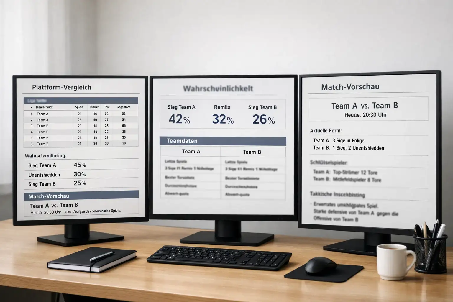 Mehrere Bildschirme zeigen verschiedene Statistik-Plattformen