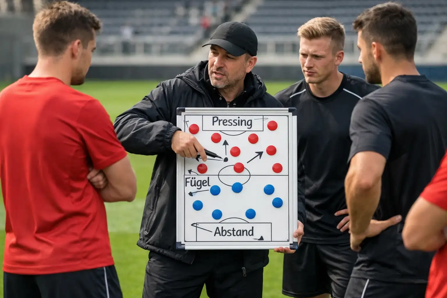 Fußballtrainer erklärt Taktik an der Seitenlinie