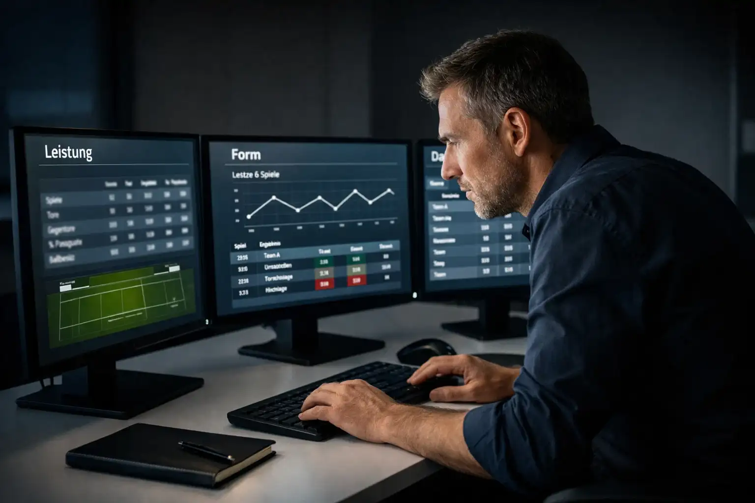 Analyst studiert Fussballstatistiken auf mehreren Monitoren