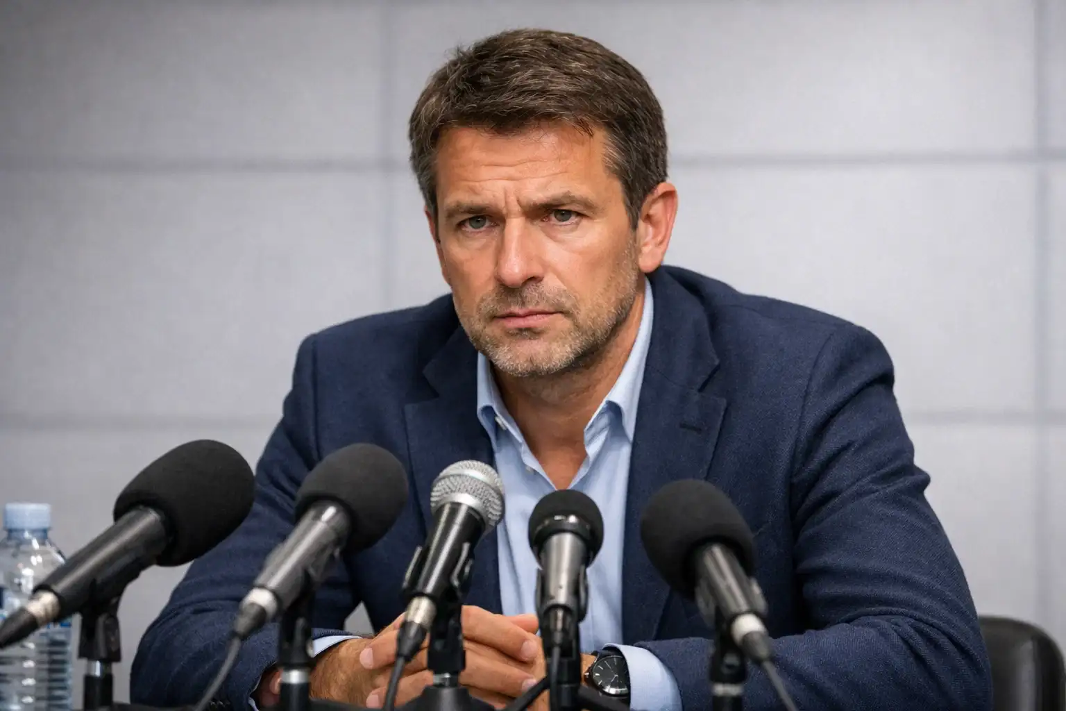 Fußballtrainer bei der Pressekonferenz vor Mikrofonen