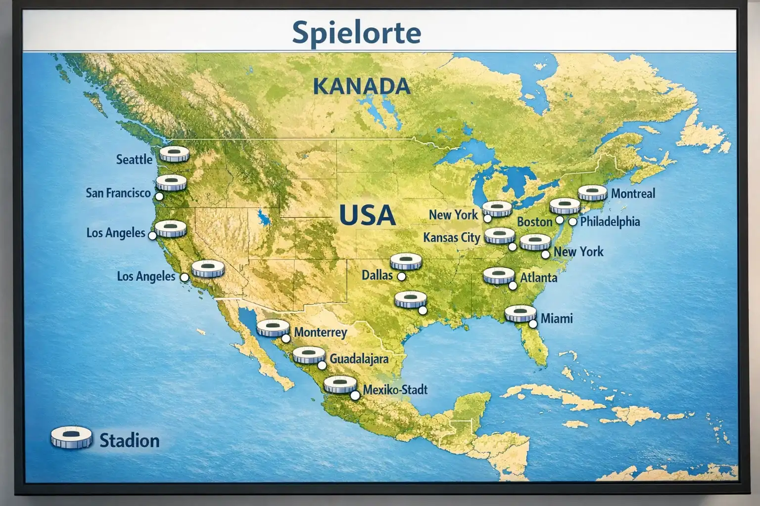 Übersichtskarte mit Fußballstadien in Nordamerika